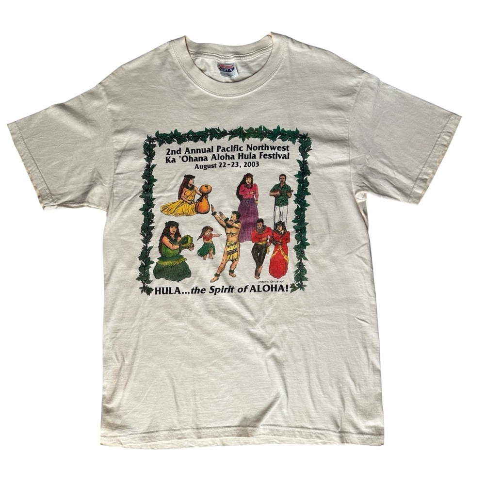 Vintage Hawaiian Festival Cream/Off-White Tshirt Size Medium